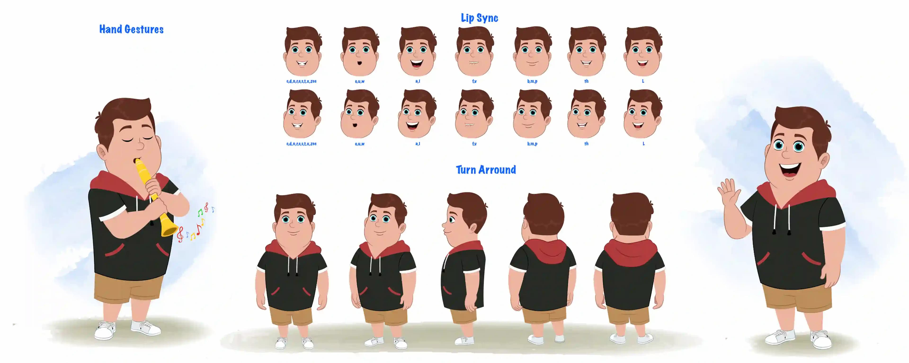 A fat boy cartoon character construction/model sheet aka frank