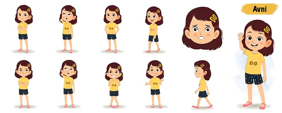 Cute girl in short hair animated vector cartoon character model sheet AKA Avni