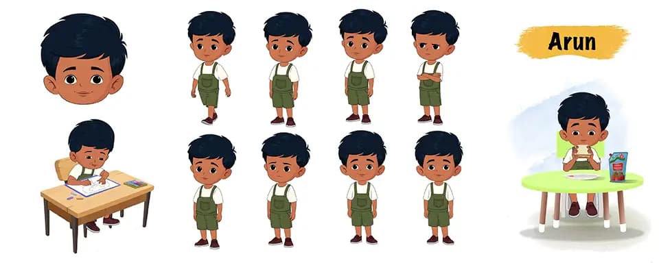 Little boy animated vector cartoon character model sheet AKA Arun