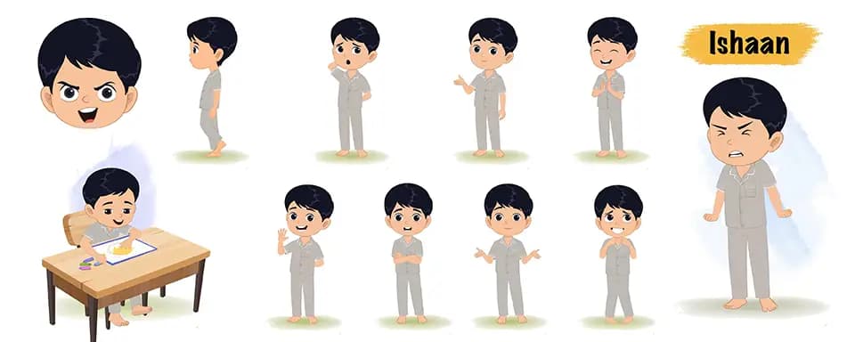 Indian boy in night dress animated vector cartoon character model sheet AKA Ishaan