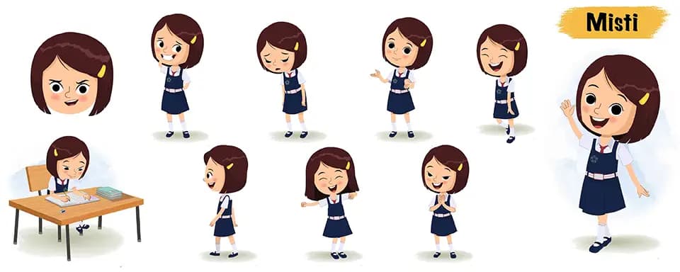 Little school girl animated vector cartoon character model sheet AKA Misti