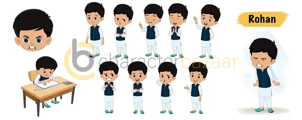 Cute Indian boy in traditional kurta pajama dress animated vector cartoon character model sheet AKA Rohan