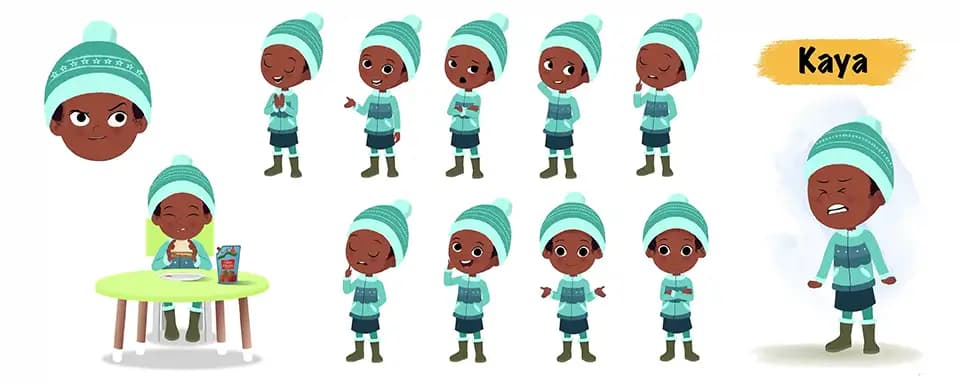 Cute african girl animated vector cartoon character model sheet AKA Kaya