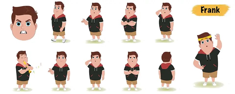 Fat boy animated vector cartoon character model sheet AKA Frank