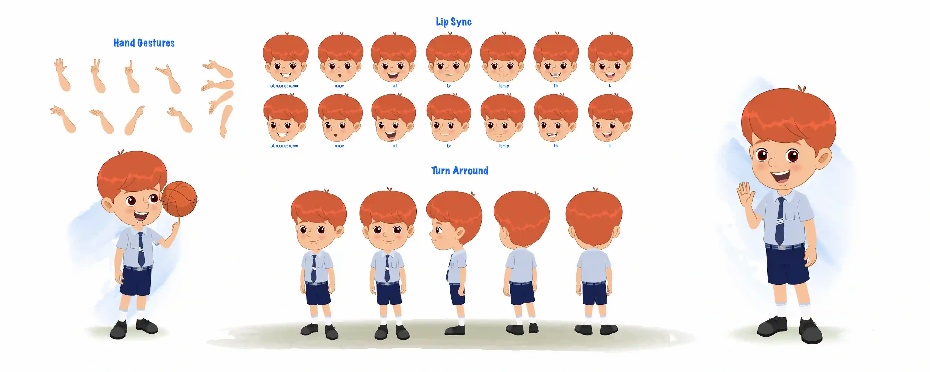 A red hair boy cartoon character construction/model sheet aka max