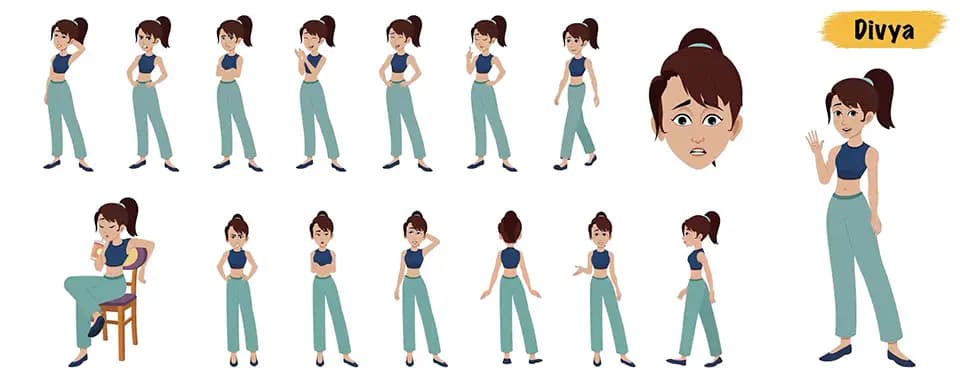 Teenage girl animated vector cartoon character model sheet AKA Divya