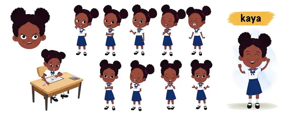 Cute little black girl animated vector cartoon character model sheet AKA Kaya