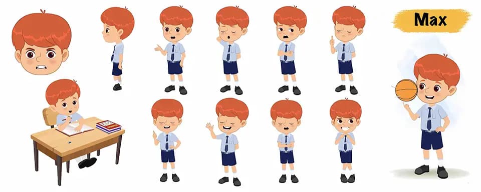 Red hair boy animated vector cartoon character model sheet AKA Max