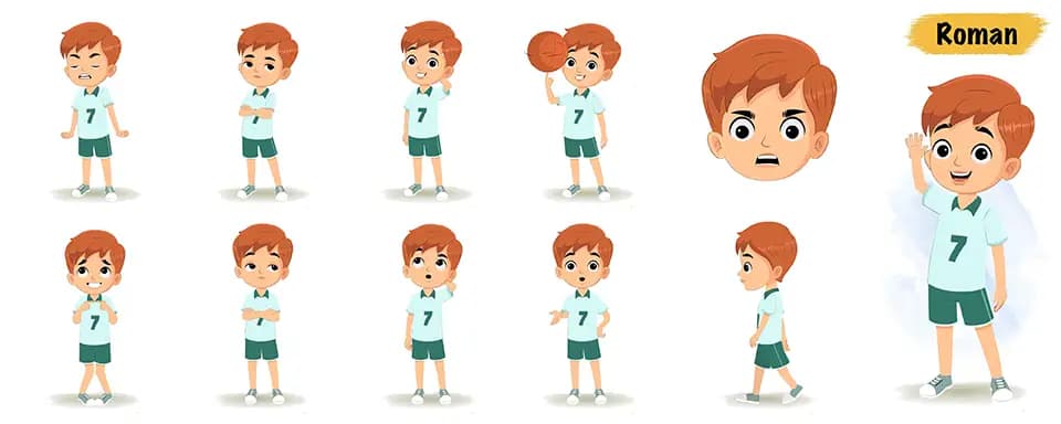 Sports boy with basketball animated vector cartoon character model sheet AKA Roman