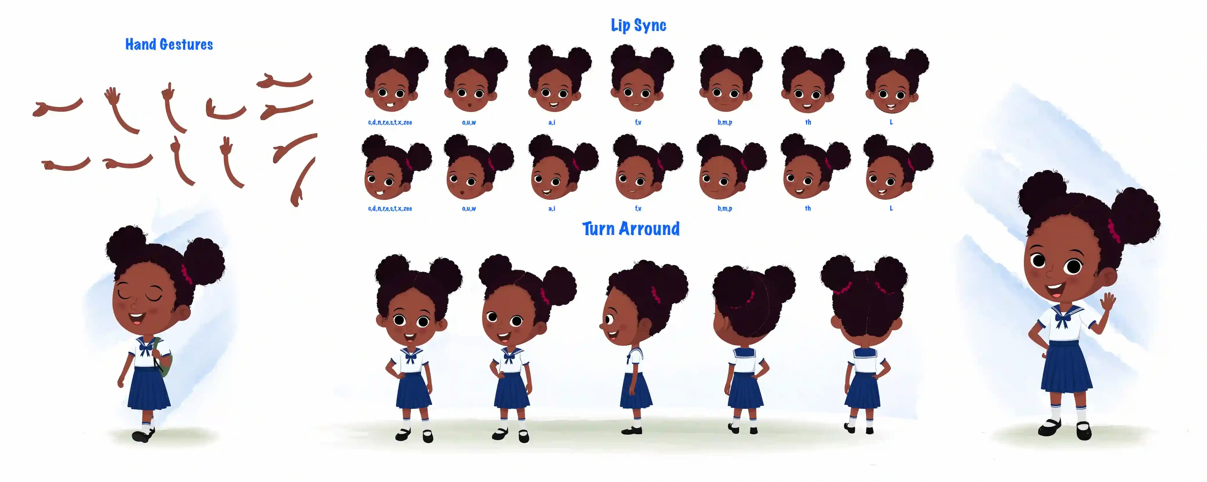 A little black girl cartoon character construction/model sheet aka kaya