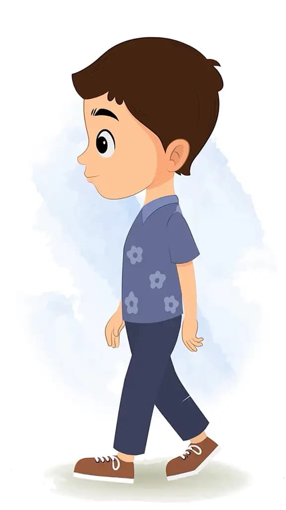A smart boy walking side view animated cartoon character aka bittu