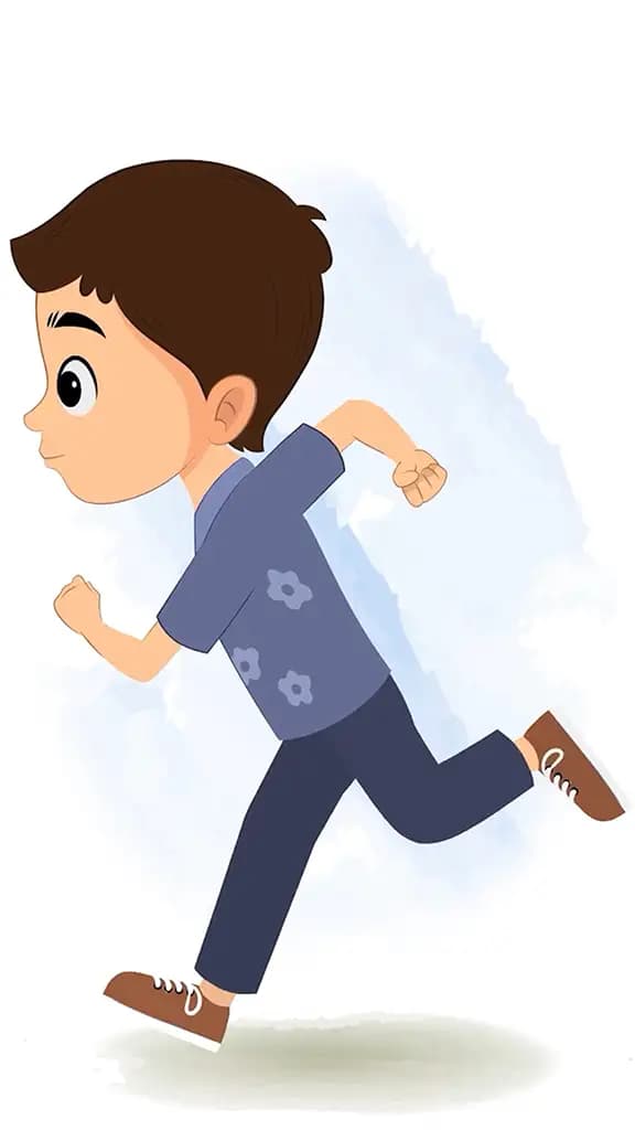 A smart boy running fast side view animated cartoon character aka bittu