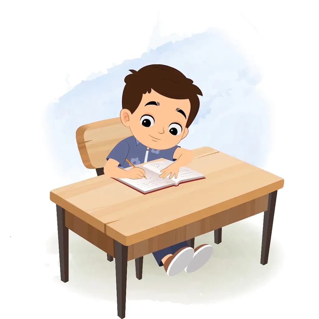 A smart boy doing homework and sitting on the table animated cartoon character aka bittu