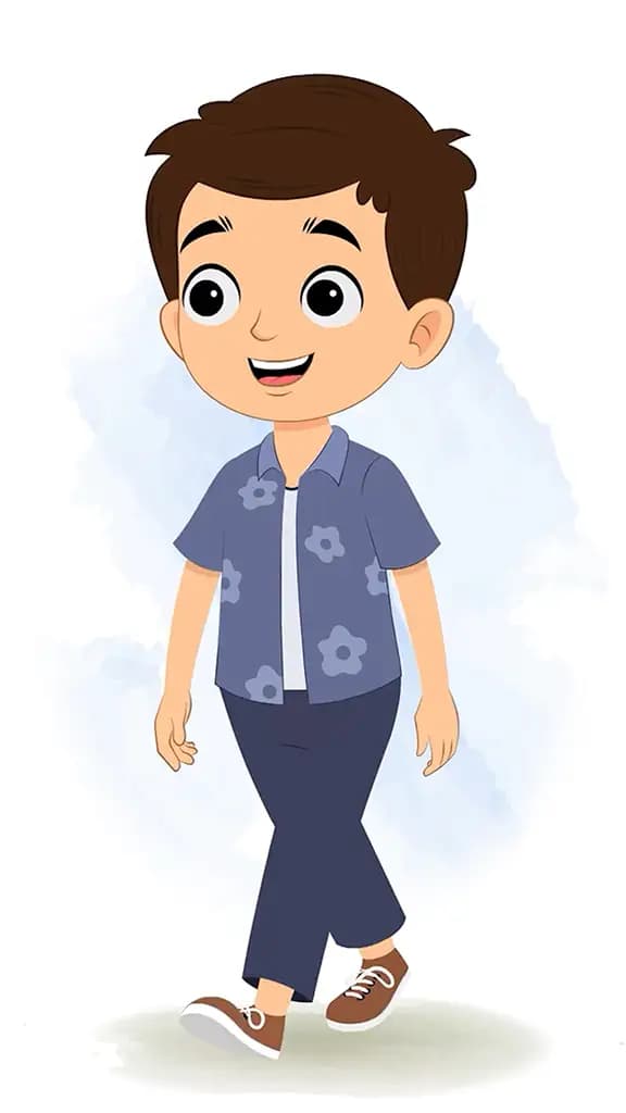 A smart boy 3/4 front view/three quarter view walking animated cartoon character aka bittu 3/4