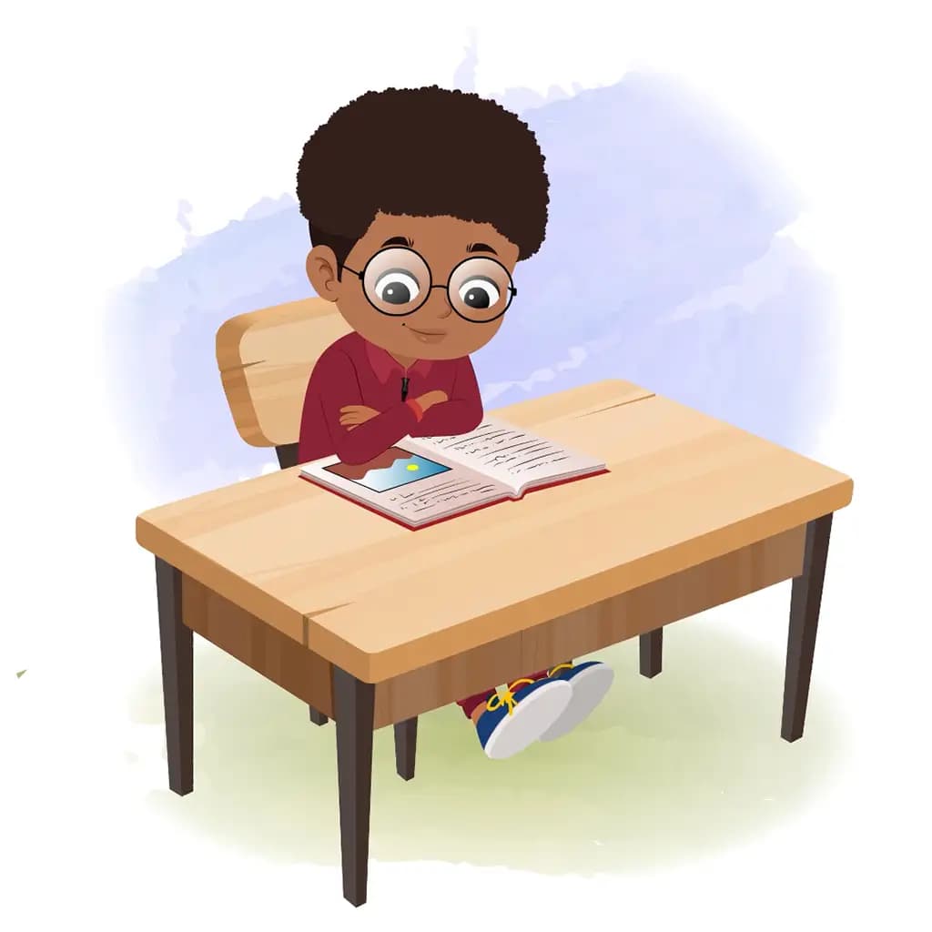 A cute black boy reading a book and sitting on the table animated cartoon character aka advik