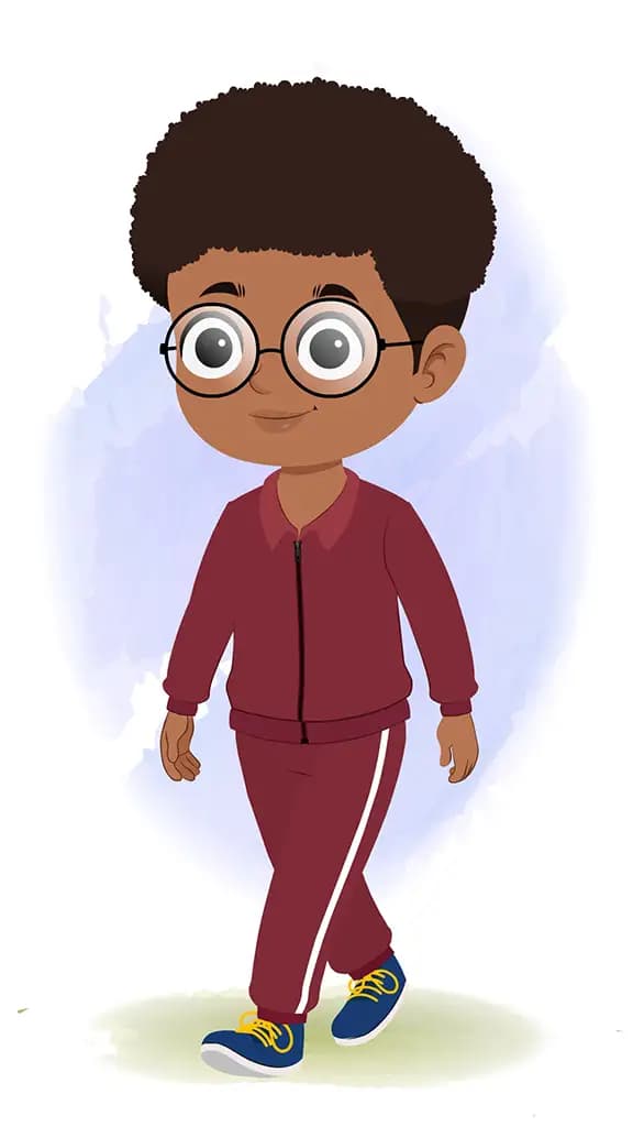 A cute black boy 3/4 front view/three quarter view walking animated cartoon character aka advik