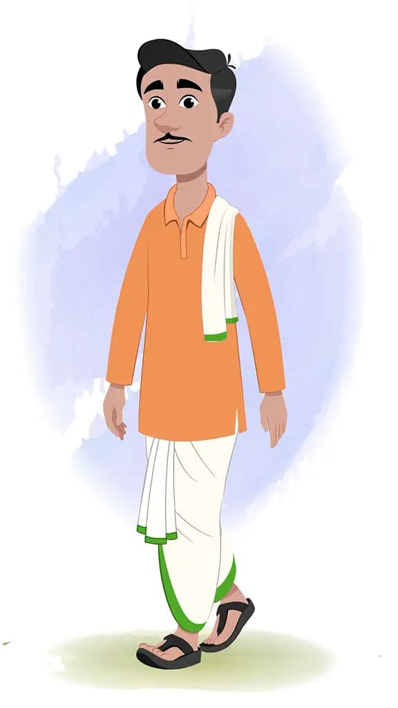 An Indian farmer 3/4 front view/three quarter view walking animated cartoon character AKA Ram Chandra