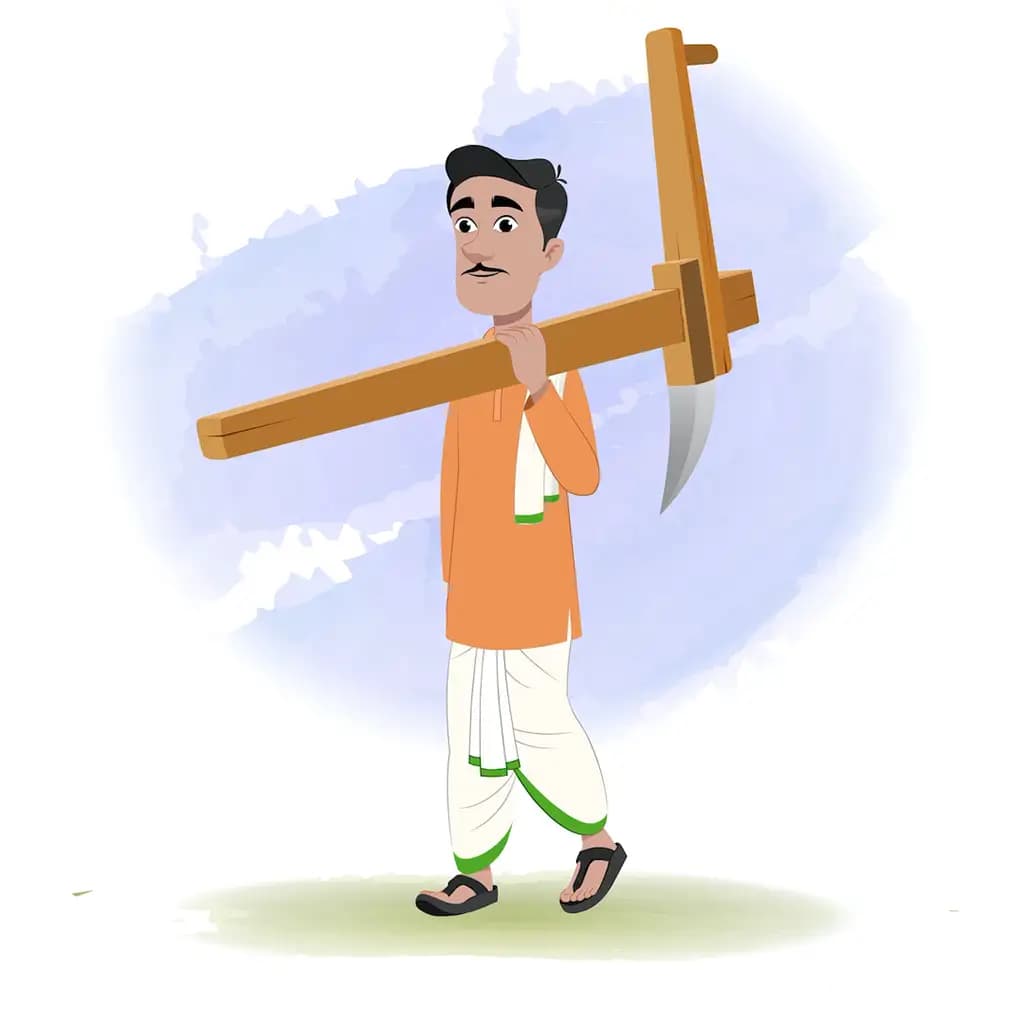An indian farmer walking with plough animated cartoon character aka ram chandra