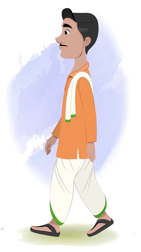 An Indian farmer walking side view animated cartoon character AKA Ram Chandra
