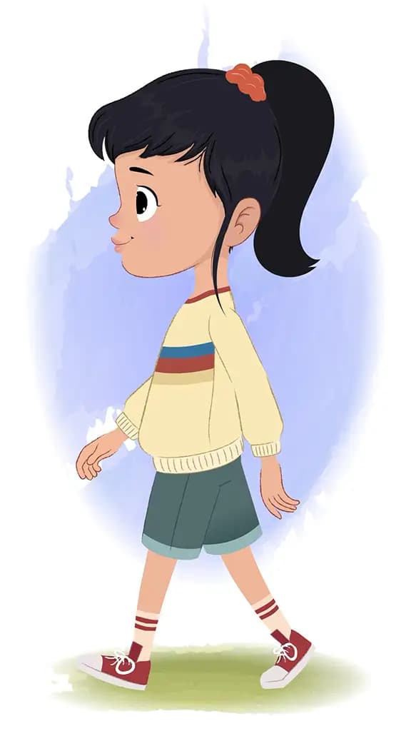 A cute little girl walking side view animated cartoon character aka navya