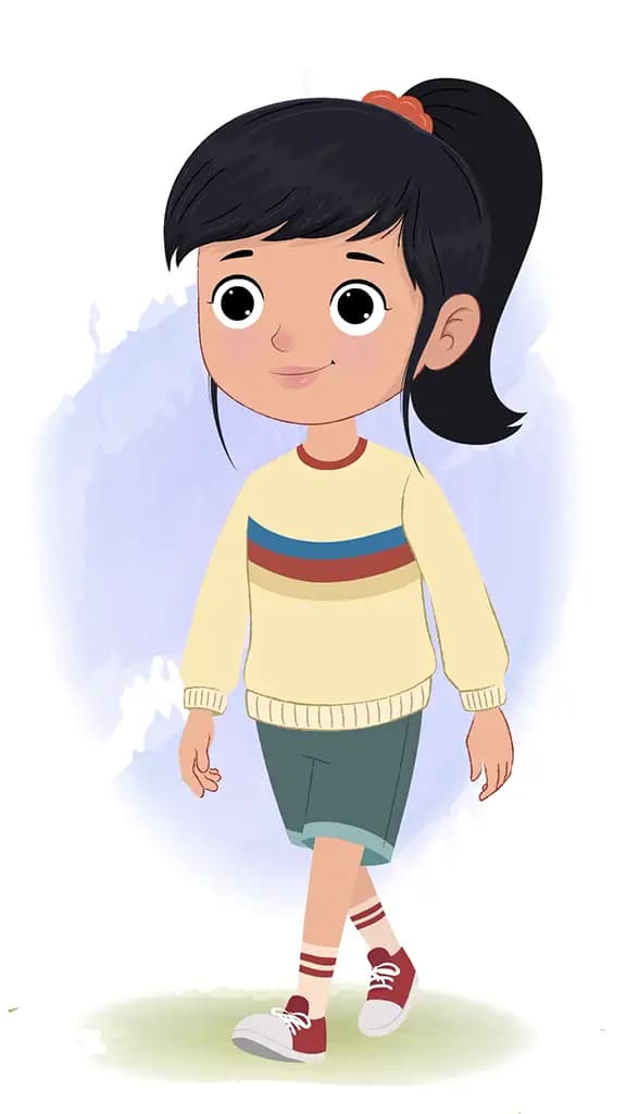 A cute little girl 3/4 front view/three quarter view walking animated cartoon character aka navya