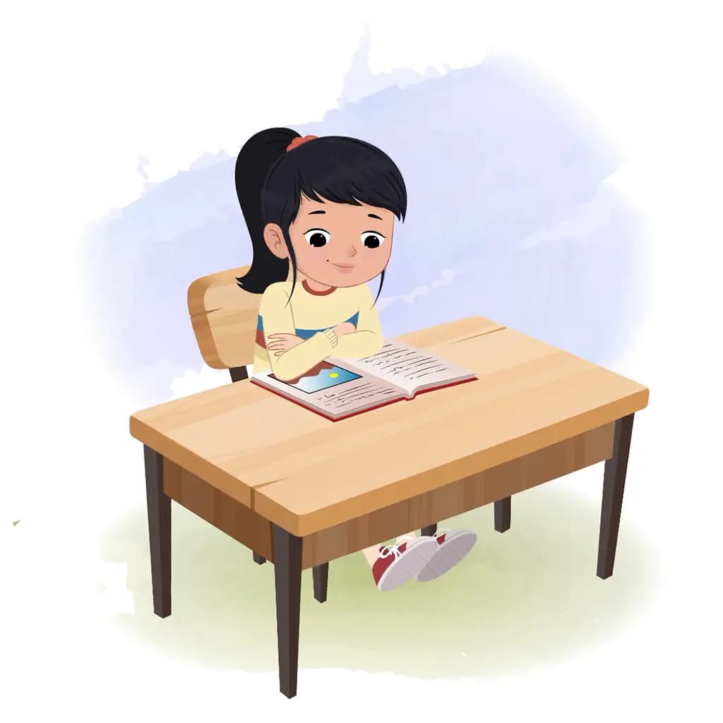 Study A cute little girl reading a book and sitting on the table animated cartoon character aka navya