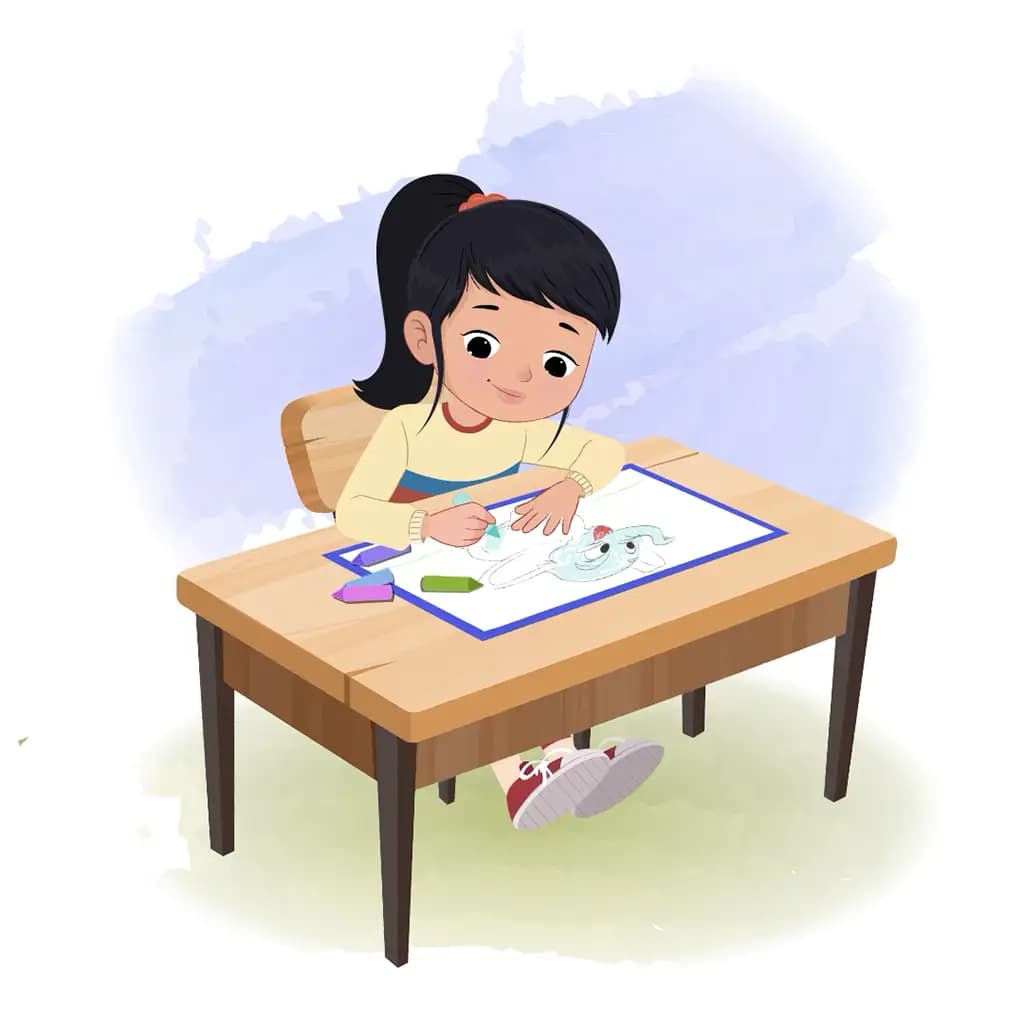 A cute little girl is sitting at a table with some crayons and colouring on the paper aka navya