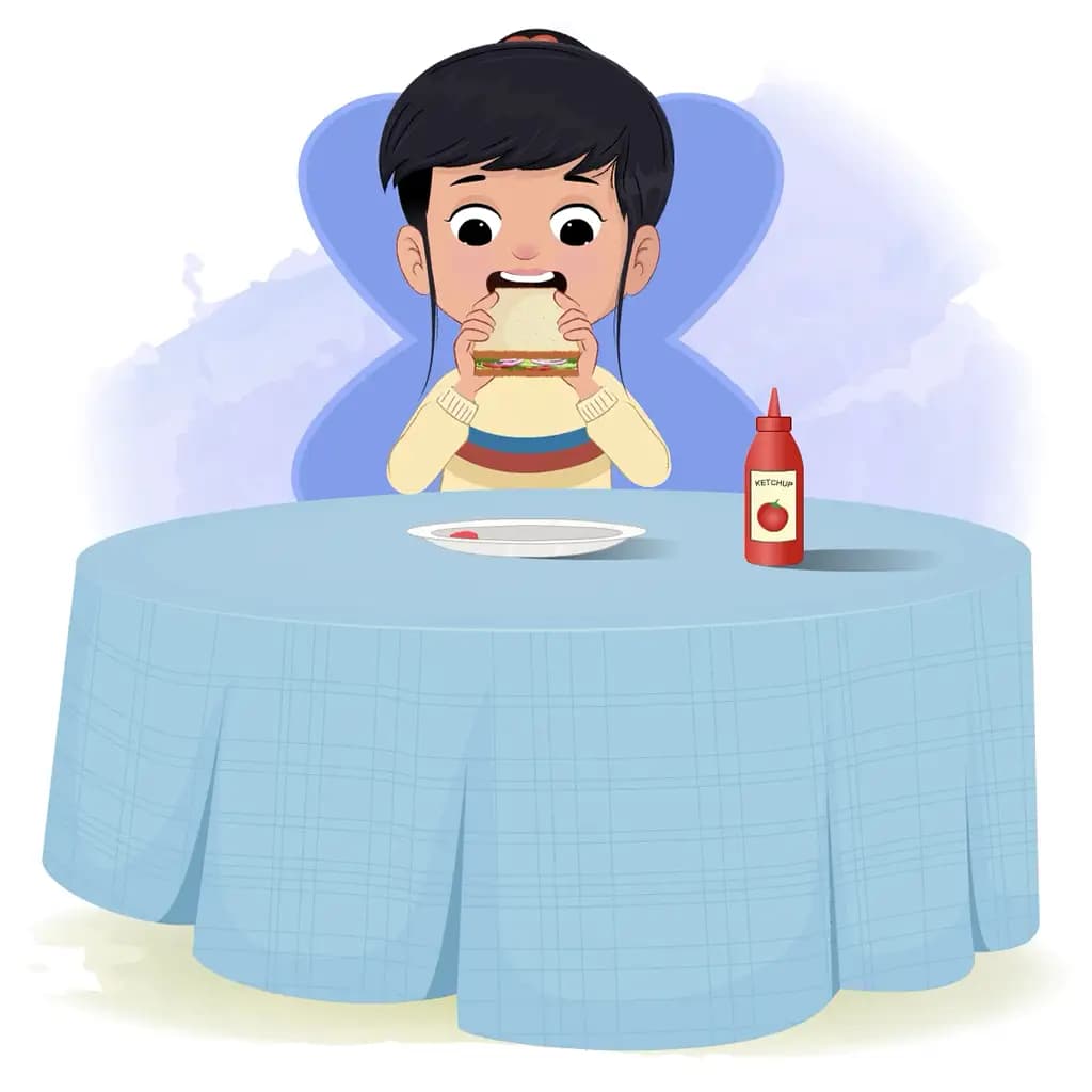 A cute little girl animated cartoon character sitting at a table and eating a sandwich aka navya