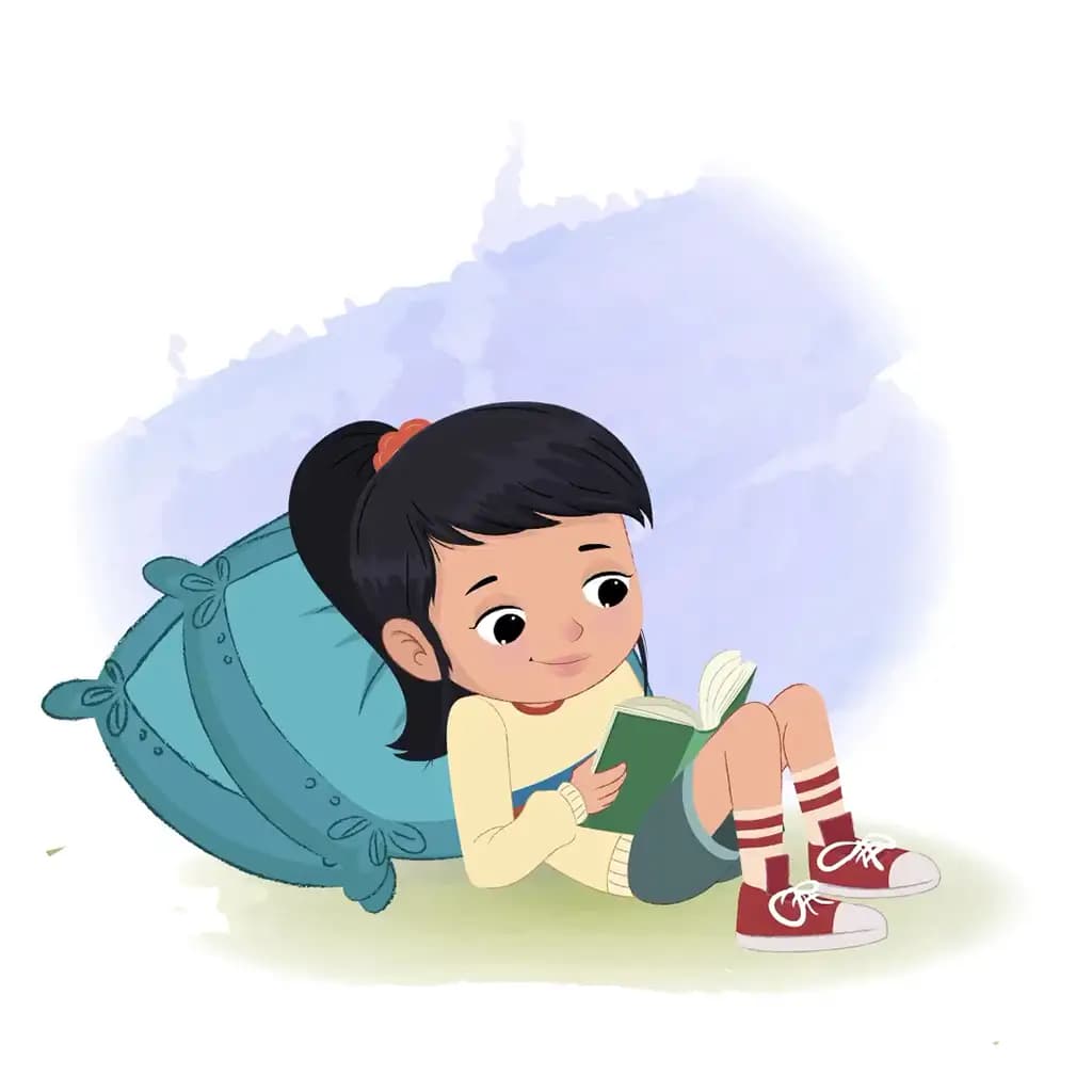 A cute little girl reading a book and sitting on the table animated cartoon character aka navya
