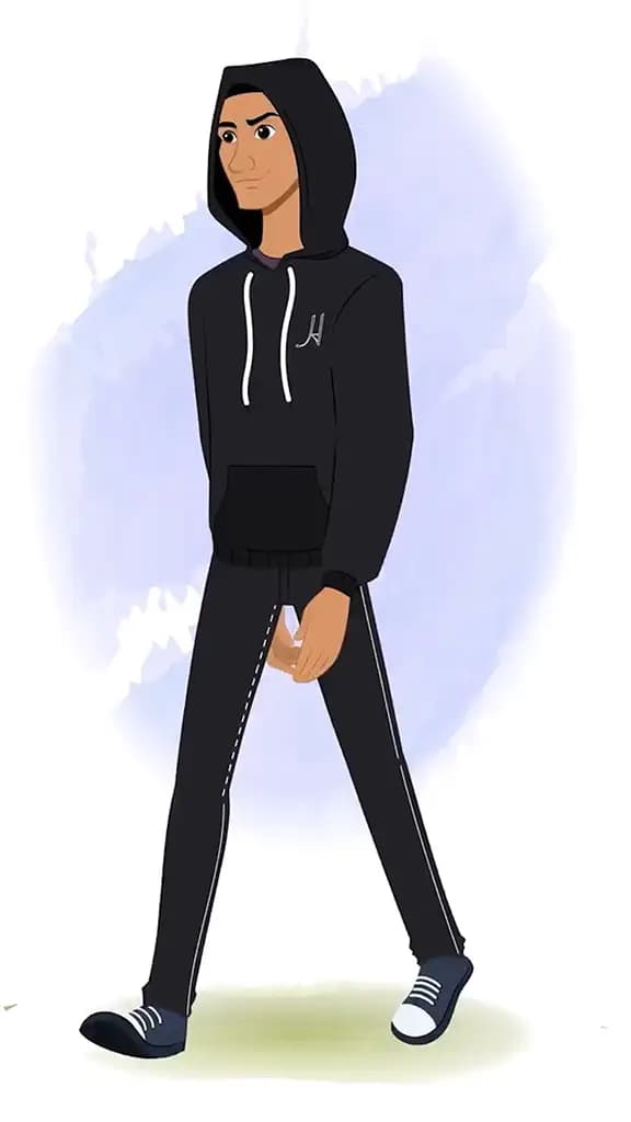 A hacker 3/4 front view/three quarter view walking animated cartoon character aka franklin 3/4