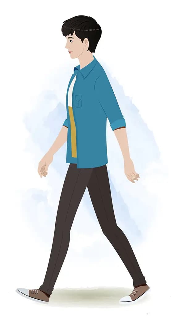 A Korean man walking side view animated cartoon character aka george