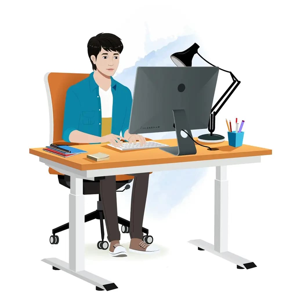 A Korean man animated cartoon character working on a computer aka george