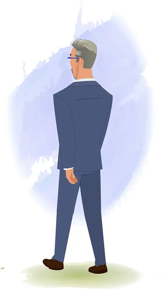 An old age businessman 3/4 front view/three quarter view walking animated cartoon character AKA George