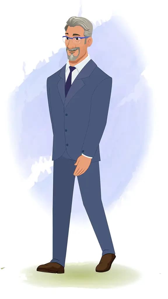 A businessman 3/4 front view/three quarter view walking animated cartoon character AKA George