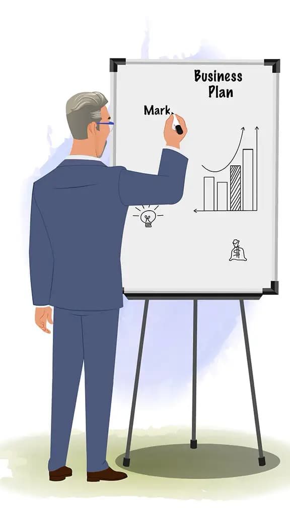 An elderly businessman presenting a business plan on a whiteboard animated vector cartoon character AKA George