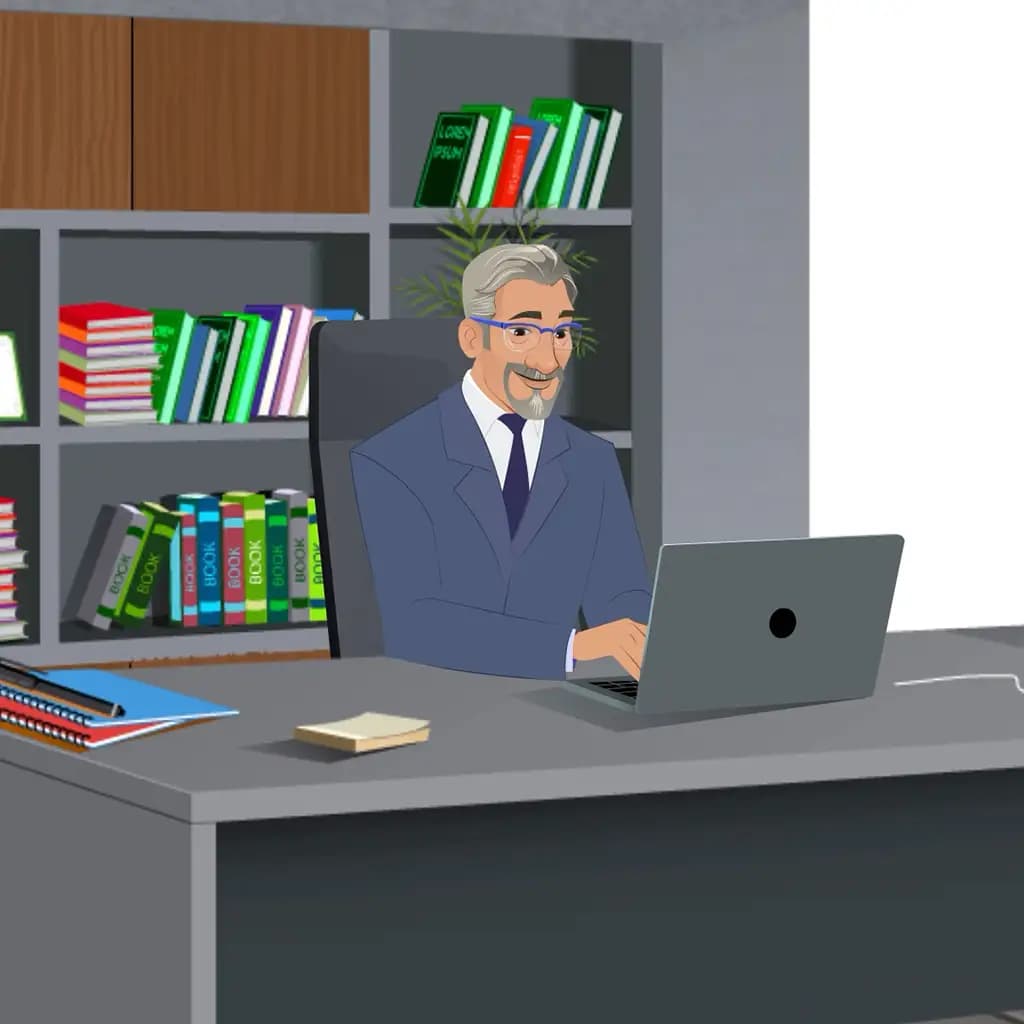 A businessman animated cartoon character working on a computer AKA George