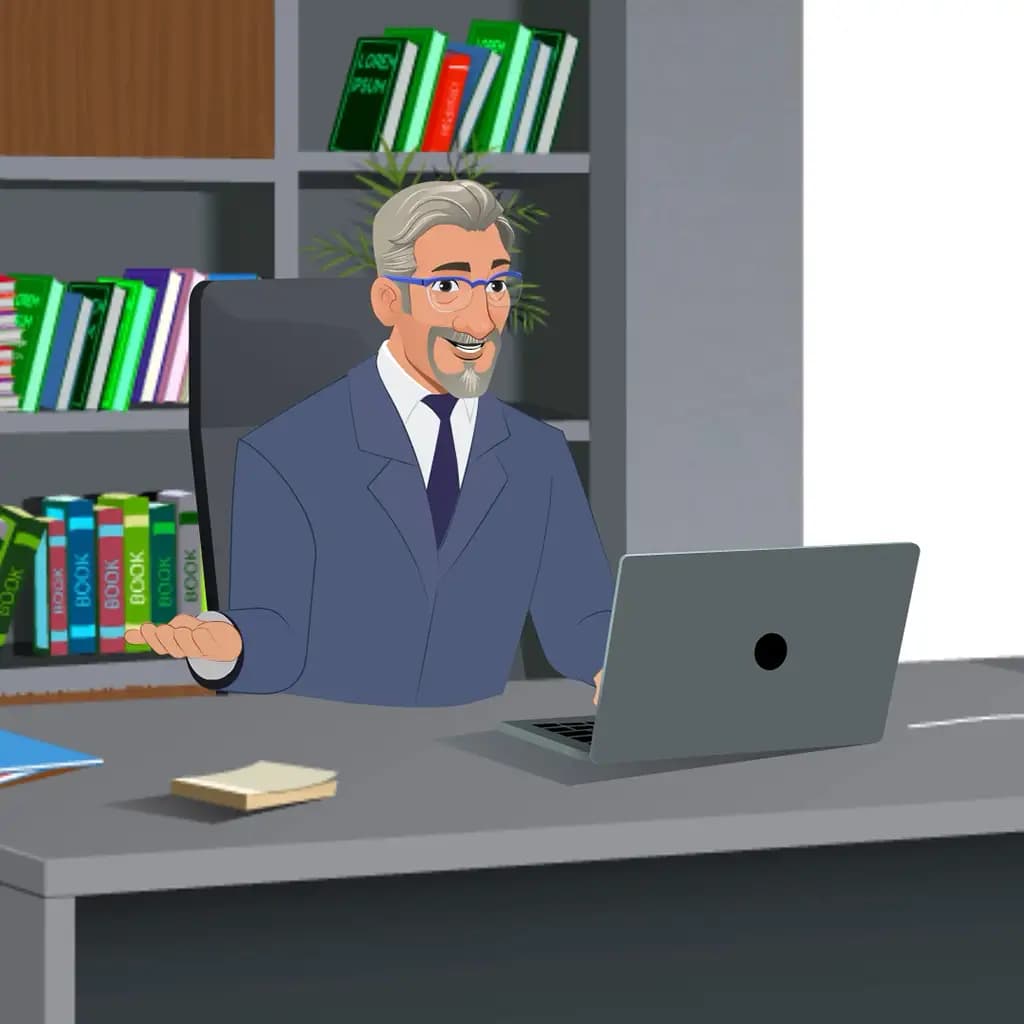 An old businessman talking in office animated vector cartoon character AKA George