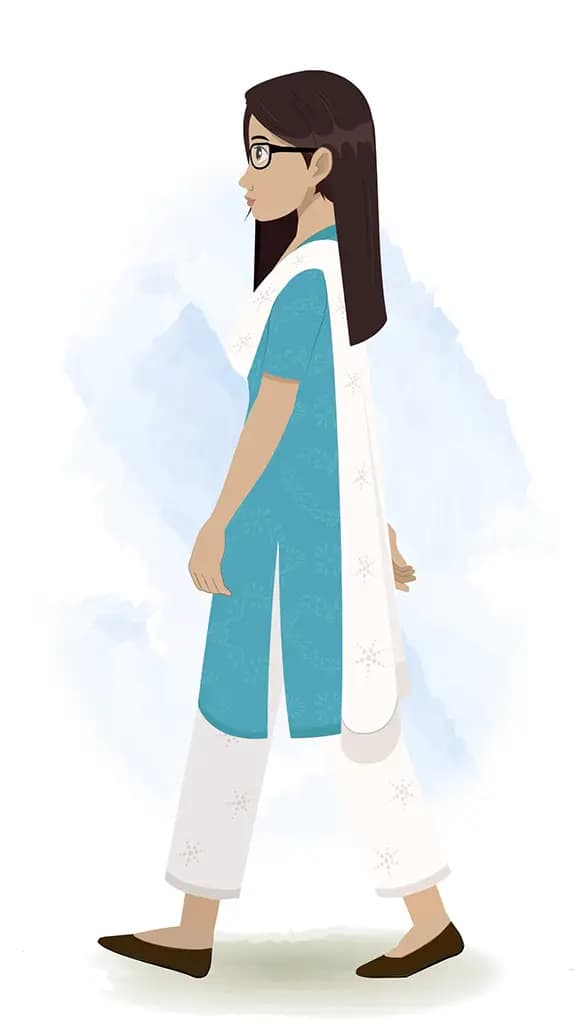 An Indian female teacher walking side view animated cartoon character aka miss lata