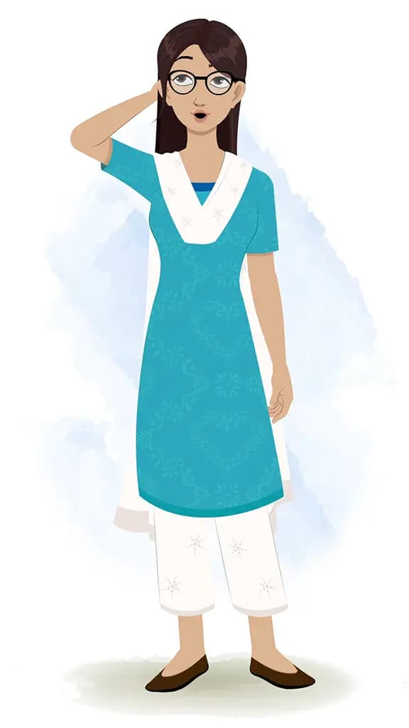A confused Indian female teacher animated cartoon character aka miss lata