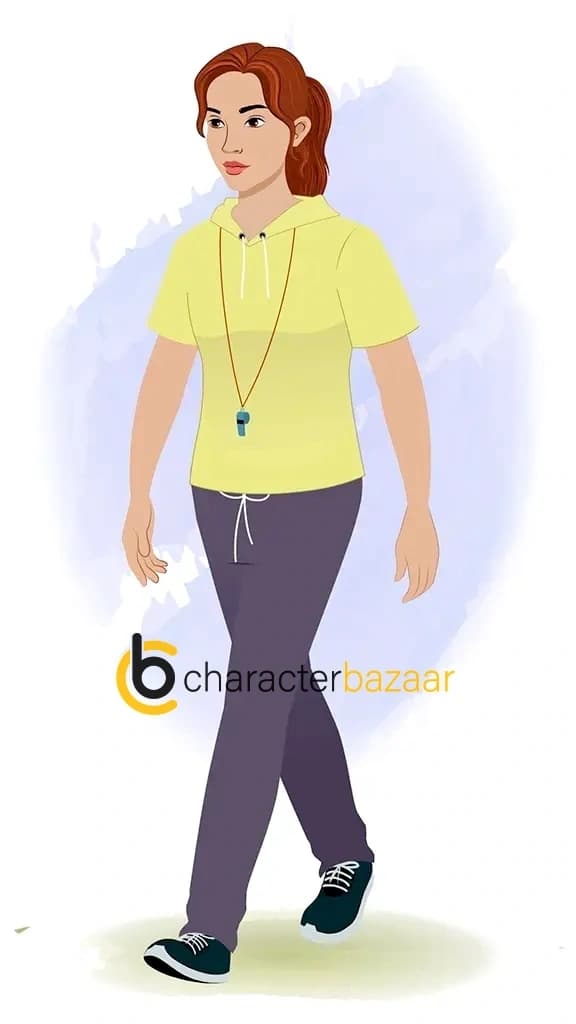 A female physical teacher 3/4 front view/three quarter view walking animated cartoon character aka miss mansi
