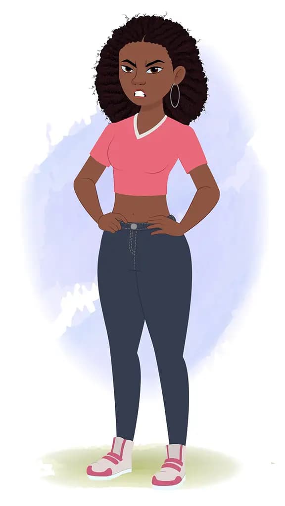 An angry beautiful black female animated cartoon character aka neo 3/4