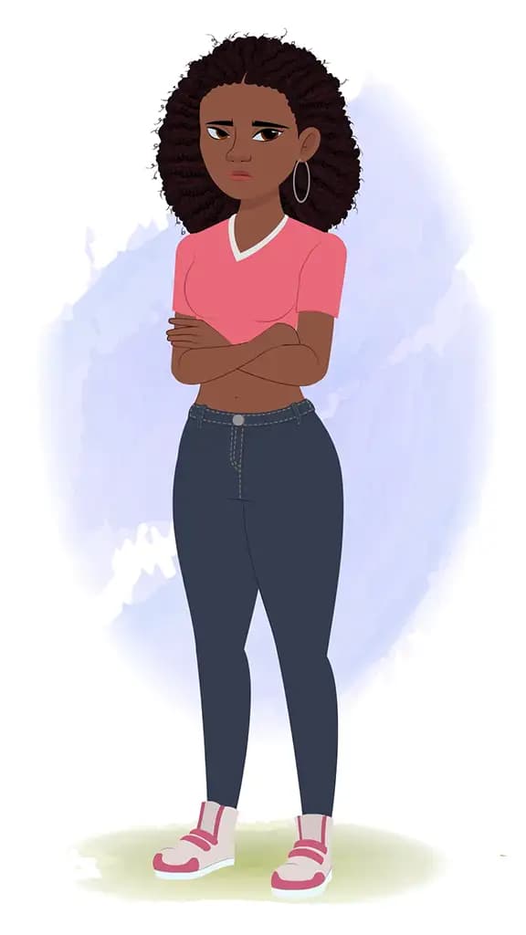 An annoyed beautiful black female animated cartoon character aka neo 3/4