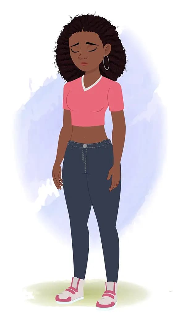 A sad black female animated cartoon character aka neo 3/4