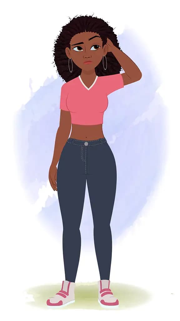A confused beautiful black female animated cartoon character aka neo 3/4