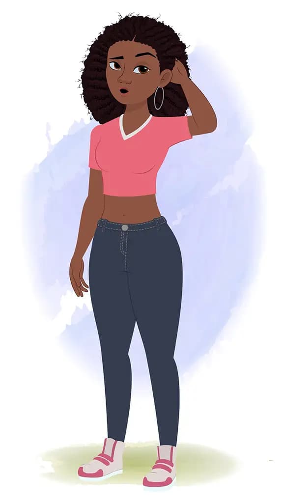 A confused beautiful black female animated cartoon character aka neo 3/4