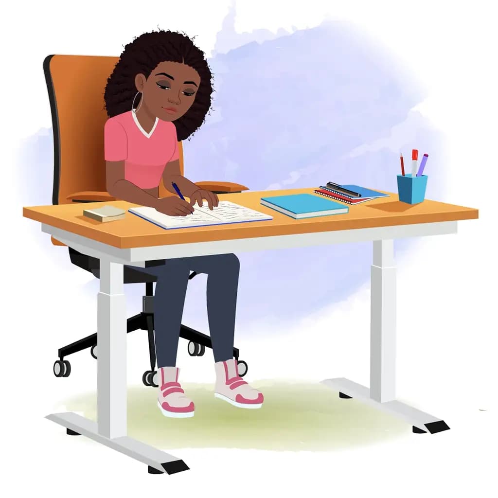 A beautiful black female sitting on the table and writing animated cartoon character aka neo