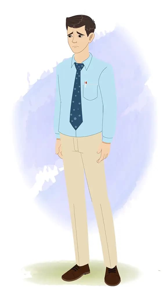 An office worker sad animated cartoon character aka Jake 3/4