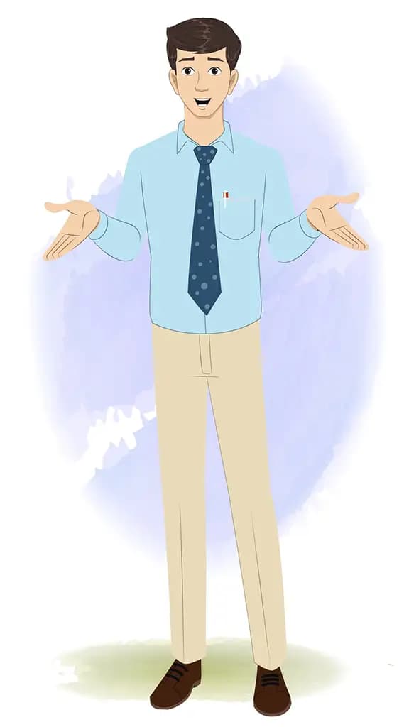 An office worker talking animated cartoon character aka Jake