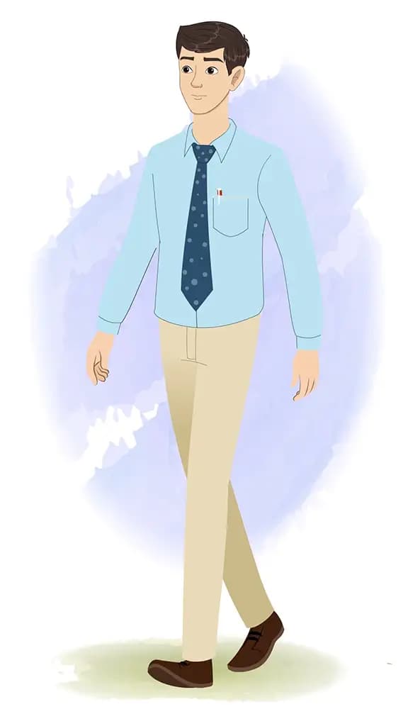 An office worker 3/4 front view/three quarter view walking animated cartoon character aka Jake