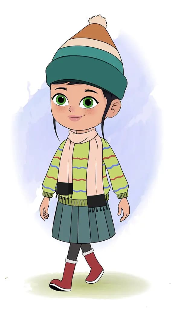 A cute girl 3/4 front view/three quarter view walking animated cartoon character aka micki 3/4